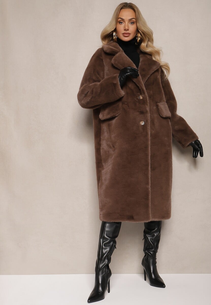 Brązowy Płaszcz z Futra z Zapięciem na Guziki i Wsuwanymi Kieszeniami Paritha