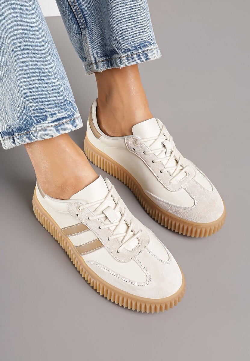 Beżowo-Brązowe Zamszowe Sneakersy w Stylu Kultowych Tenisówek ze Skórzaną Wkładką Tenannia