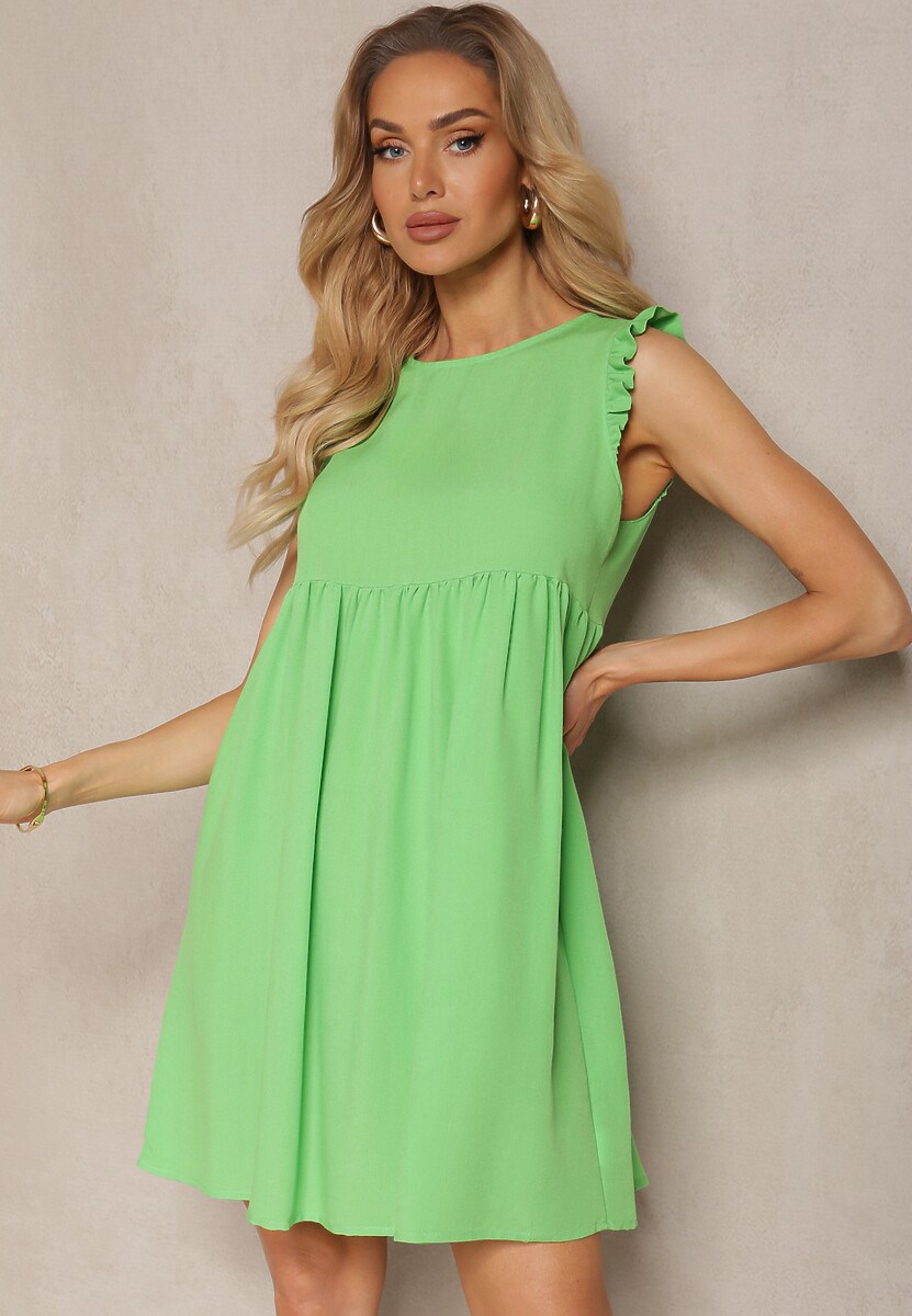 Jasnozielona Sukienka z Wiskozy z Falbanką przy Rękawie i Wiązaniem z Tyłu Mloelia