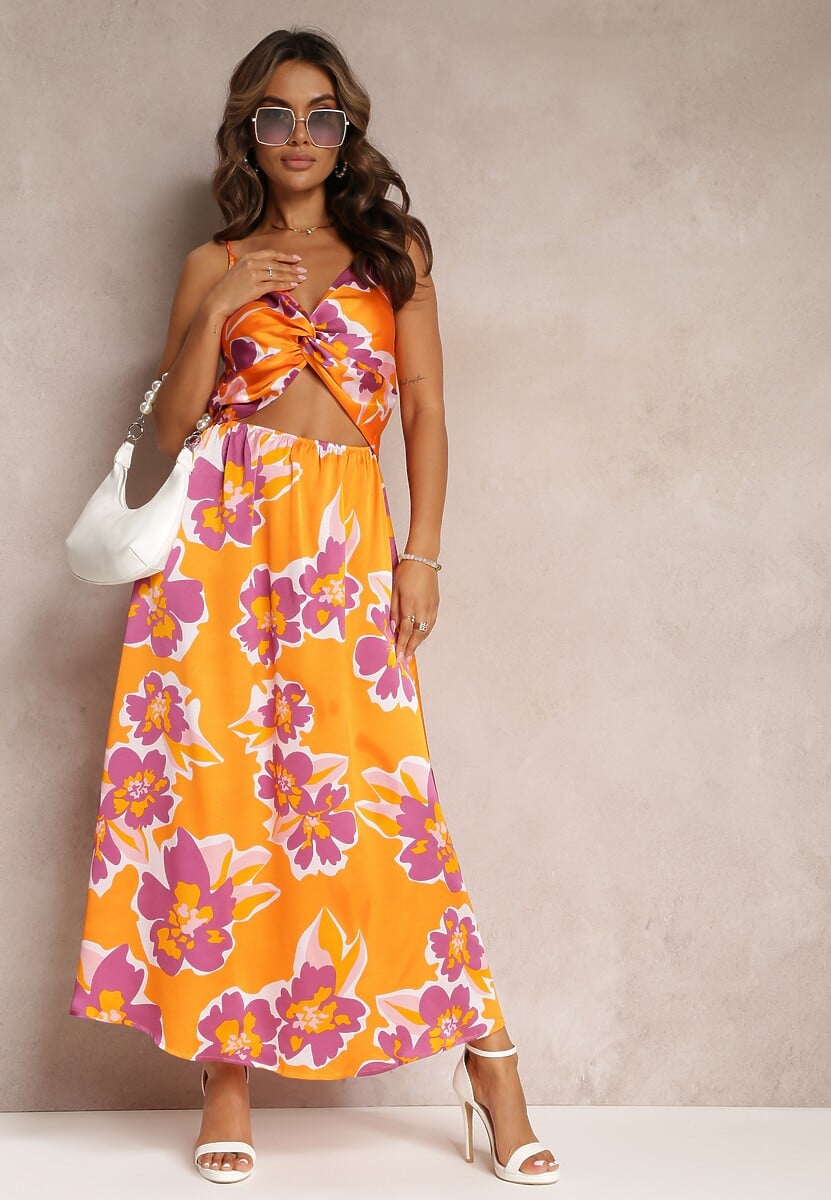 Pomarańczowa Sukienka Maxi z Wycięciem na Brzuchu i Gumką w Pasie Rlice