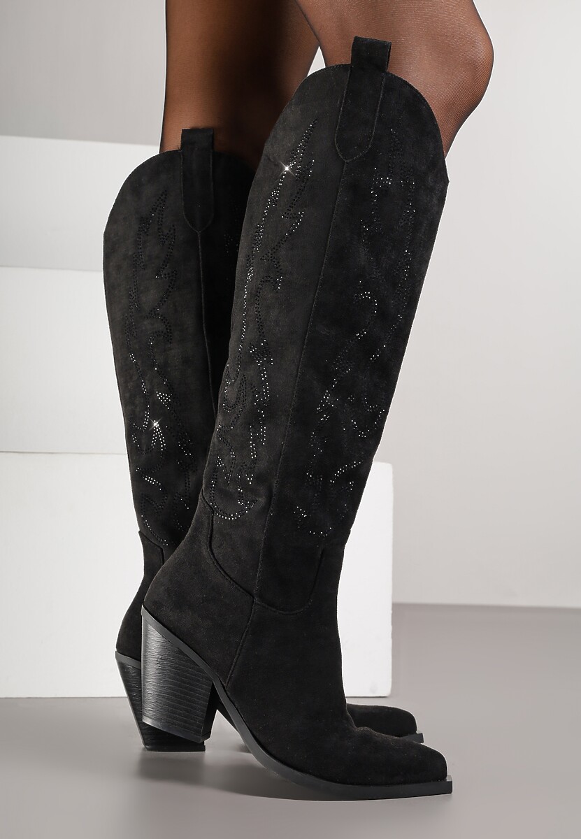 Czarne Kozaki Kowbojki na Stożkowym Obcasie Zdobione Cyrkoniami Nalera