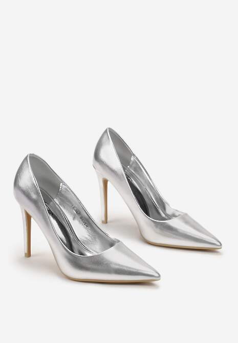 Srebrne Wysokie Szpilki z Gładkiej Imitacji Skóry Venitorre