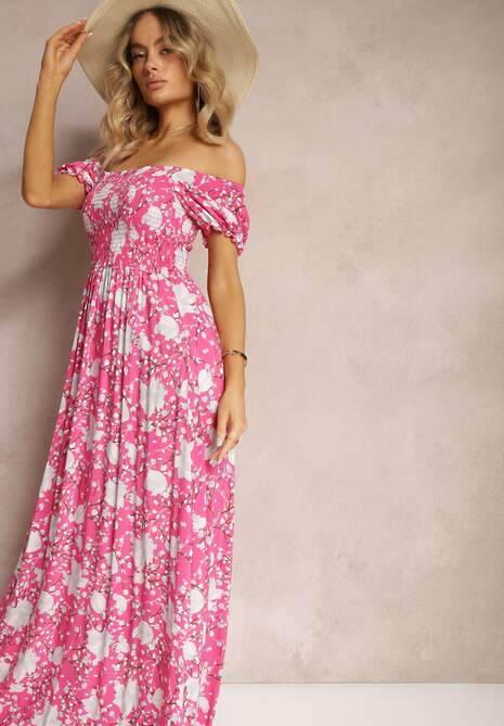 Różowa Kwiecista Sukienka o Rozkloszowanym Kroju z Marszczoną Górą Eliseria
