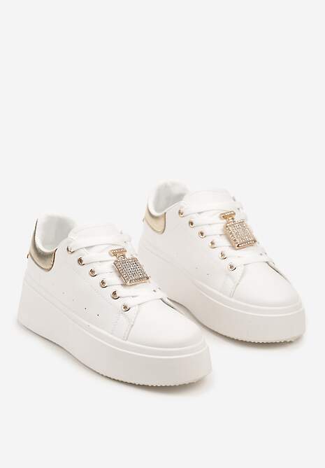 Biało-Złote Sneakersy na Platformie Ozdobione Cyrkoniami i Aplikacją 3D Daneria
