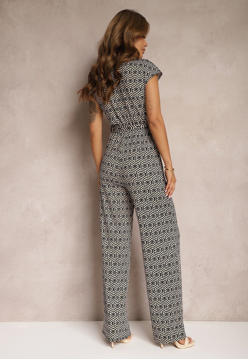 Czarno-Beżowy Kombinezon z Dodatkiem Wiskozy z Wiązaniem w Talii w Geometryczny Wzór Trosofia