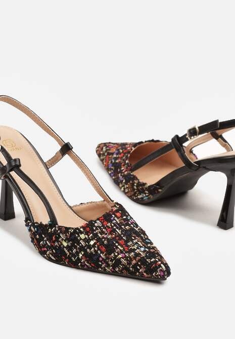 Czarne Tweedowe Szpilki Typu Slingback z Noskiem w Szpic Binea