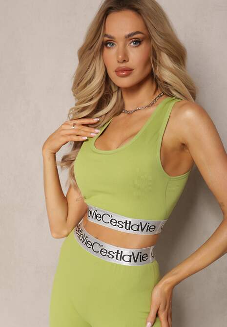 Zielony Top Sportowy Biustonosz Elastyczny Prążkowany z Ozdobną Gumą Waslema