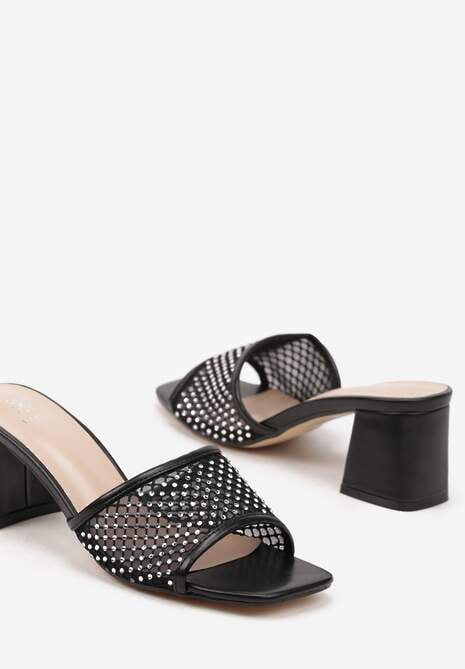 Czarne Siateczkowe Klapki na Słupku Ozdobione Cyrkoniami Senadrela