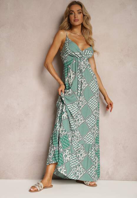 Zielona Boho Sukienka z Wiskozy z Gumką w Pasie i Trójkątnym Dekoltem Winsalia