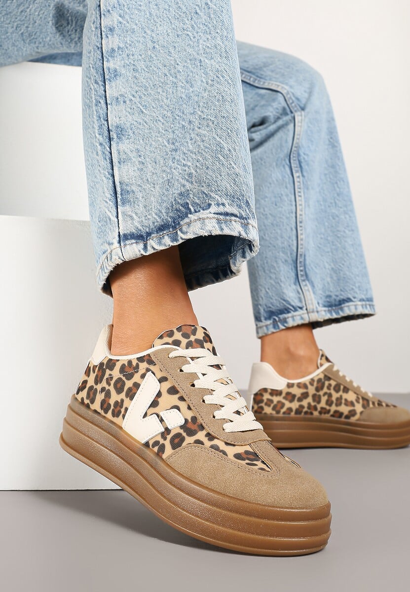 Beżowe Panterkowe Sneakersy na Kauczukowej Podeszwie Ellirielle