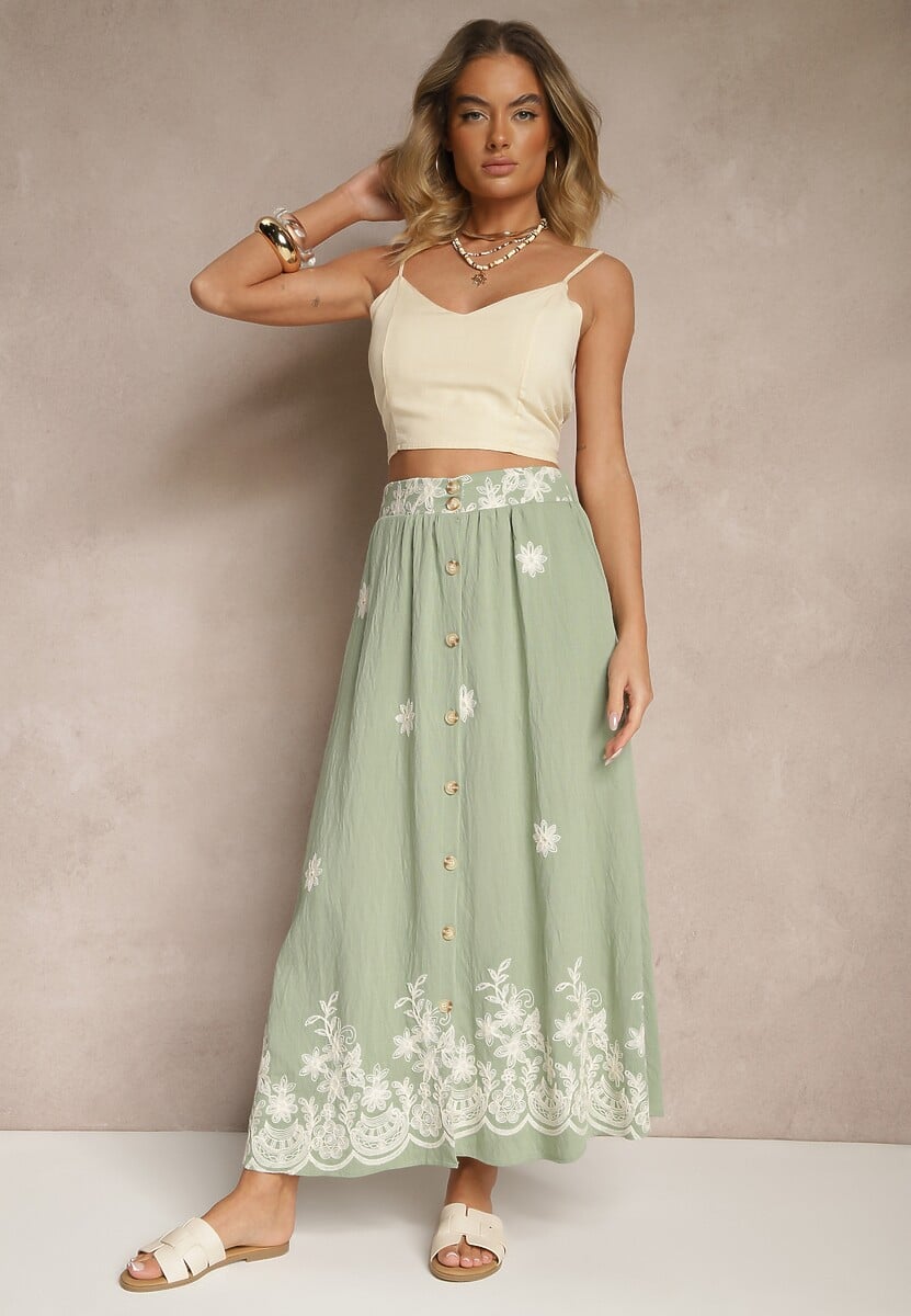 Czarna Rozkloszowana Spódnica z Lnu i Wiskozy Zdobiona Haftem i Guzikami Redira