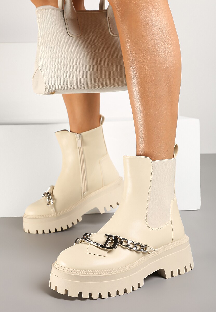 Beżowe Botki na Platformie w Stylu Sztybletów Ozdobione z Przodu Łańcuchem Tinarelle