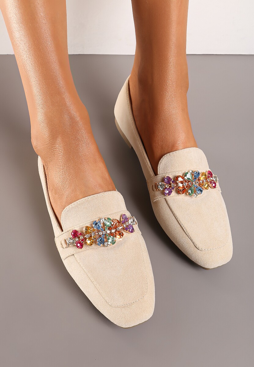 Beżowe Mokasyny z Ekozamszu z Klamerką z Cyrkonii i Kryształków Illarae
