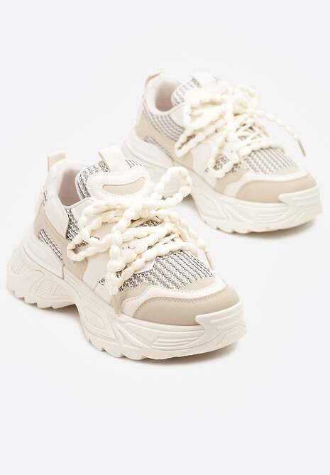 Beżowe Sneakersy na Platformie Ozdobione Koralikami i Tłoczeniem Dorvia