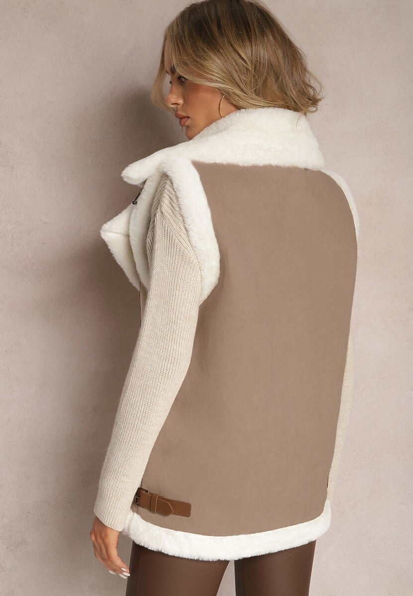 Beżowa Kamizelka Bezrękawnik z Asymetrycznym Zapięciem i Futerkiem Sadarra