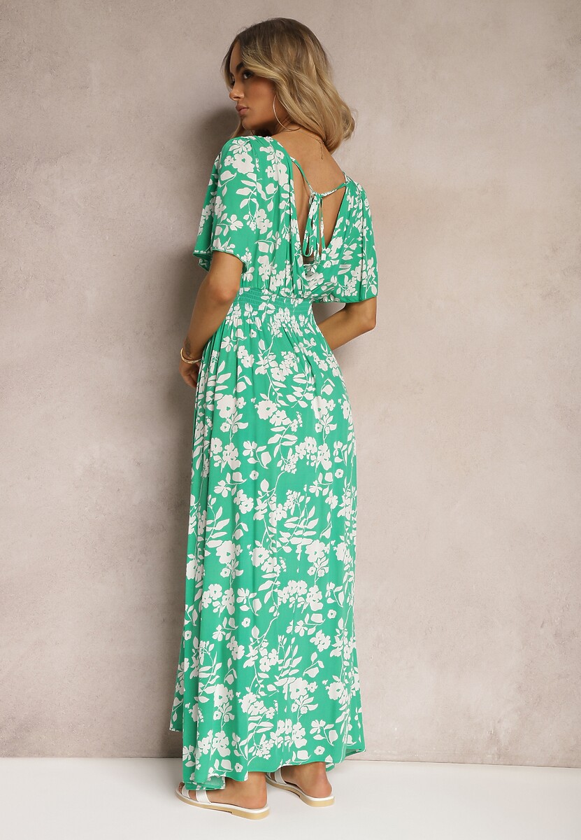 Ciemnozielona Kopertowa Sukienka Maxi z Gumką w Pasie i Wiązaniem na Plecach Dangela