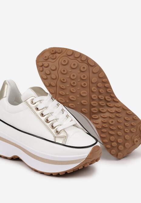Biało-Złote Sneakersy na Tłoczonej Platformie w Streetwearowym Stylu Hanerith