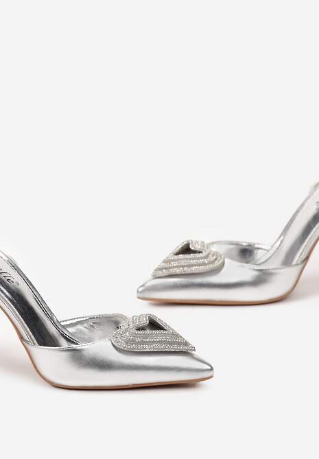 Srebrne Sandały na Szpilce z Noskiem w Szpic Ozdobione Sercem z Cyrkonii Dybala