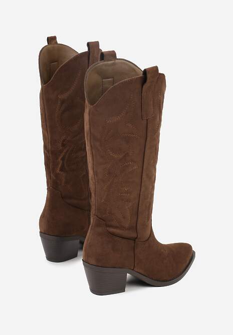 Ciemnobeżowe Kozaki Typu Kowbojki w Klasycznym Stylu z Imitacji Zamszu Rilamira