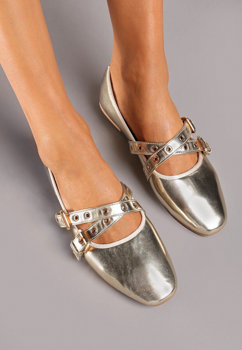 Złote Balerinki na Płaskiej Podeszwie z Paskami i Sprzączkami Pinaya