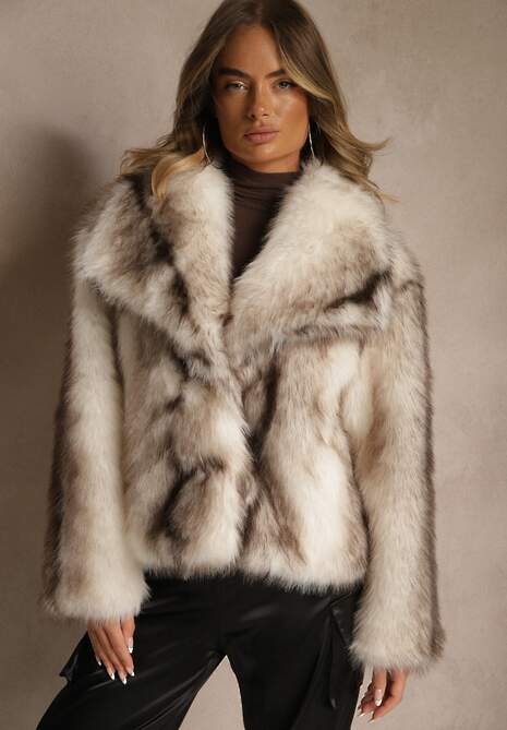 Jasnobeżowa Kurtka Futerko z Ozdobnym Kołnierzem Fitene