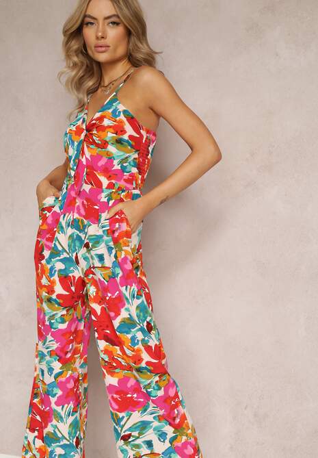 Czerwony Kombinezon z Wiązaniem przy Dekolcie w Kwiaty Aikana