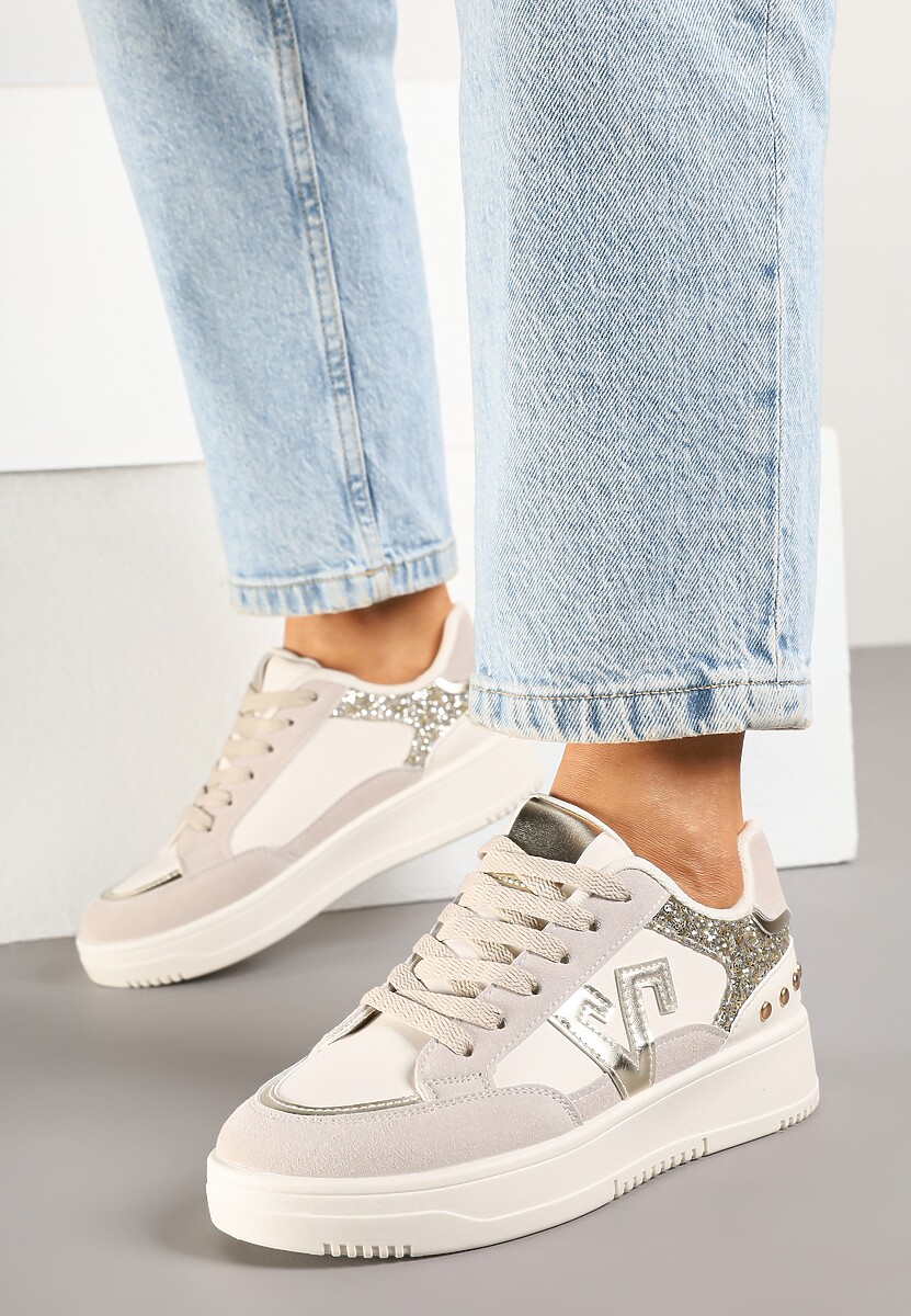 Beżowe Sneakersy Ozdobione Metalicznymi Aplikacjami i Brokatem Pilliossa
