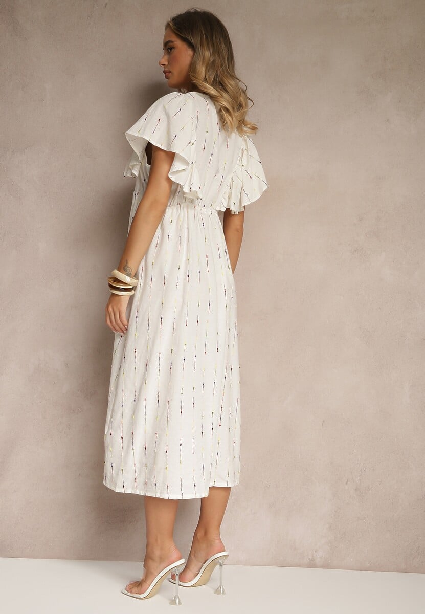 Biała Rozkloszowana Sukienka z Bawełny Zdobiona Falbanami Silonia