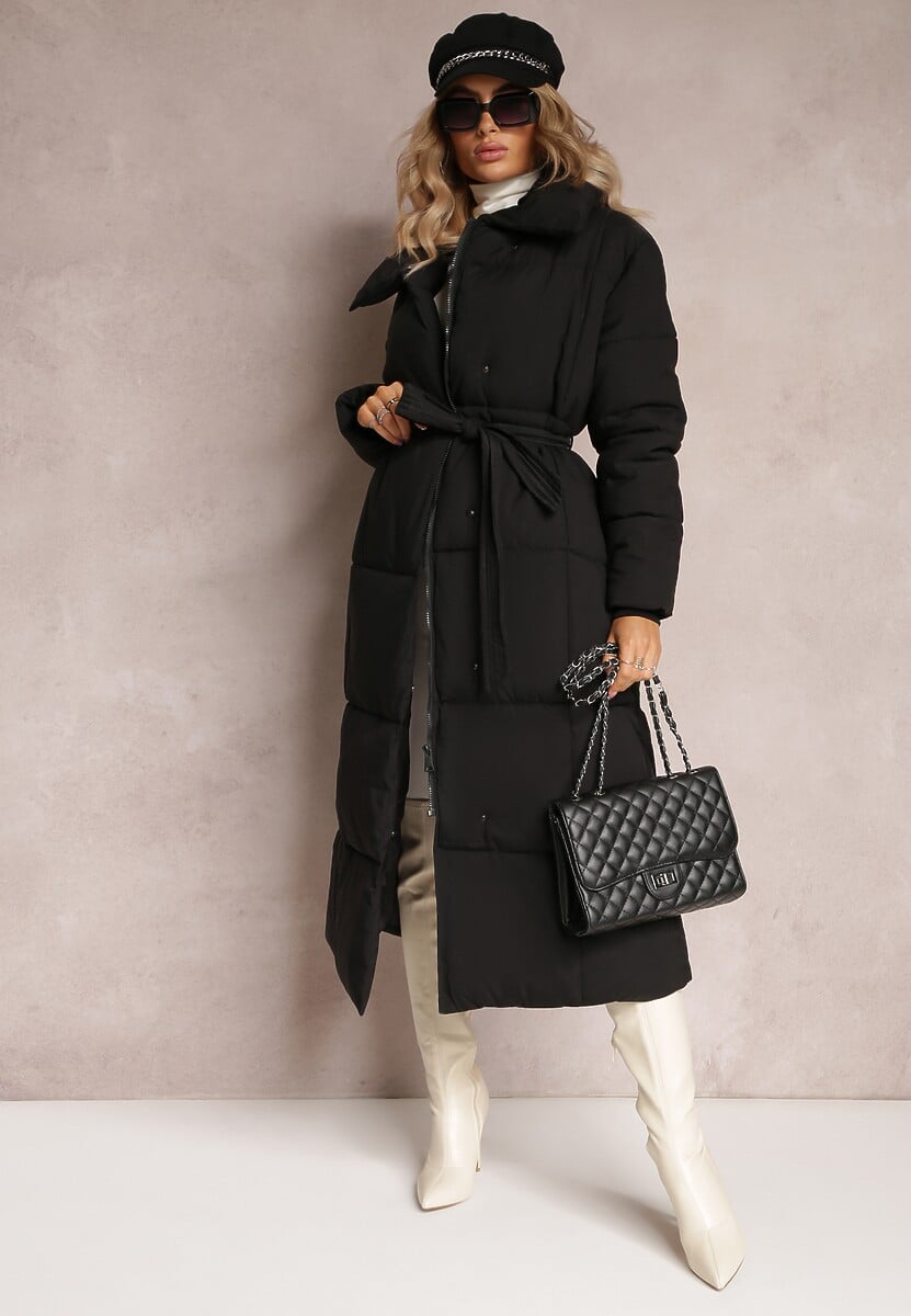 Beżowa Długa Kurtka Pikowana Płaszcz z Paskiem Adellesstta