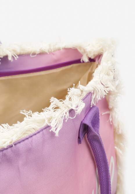 Fioletowa Duża Torebka Tote z Dwoma Uchwytami Napisami i Krótkimi Frędzlami Geminisa