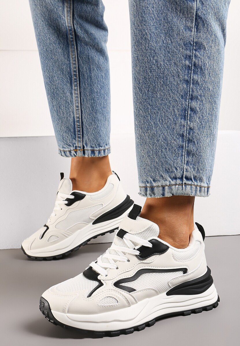 Beżowo-Czarne Sneakersy na Niskiej Platformie z Siateczką z Ozdobnymi Wstawkami Lelphine