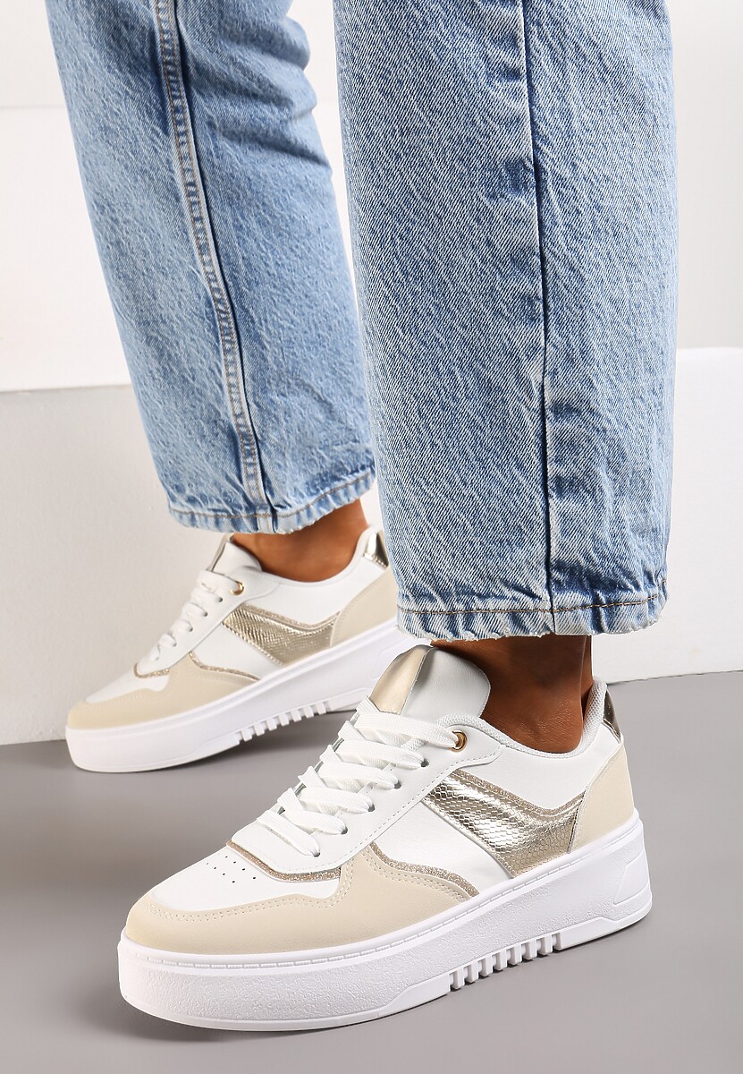 Biało-Beżowe Sneakersy na Platformie z Brokatowymi Akcentami Sellona