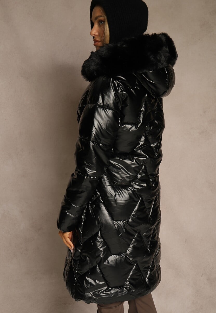 Czarna Pikowana Kurtka o Długim Kroju z Kapturem i Odpinanym Futrem Mocno Ocieplana Lillanea