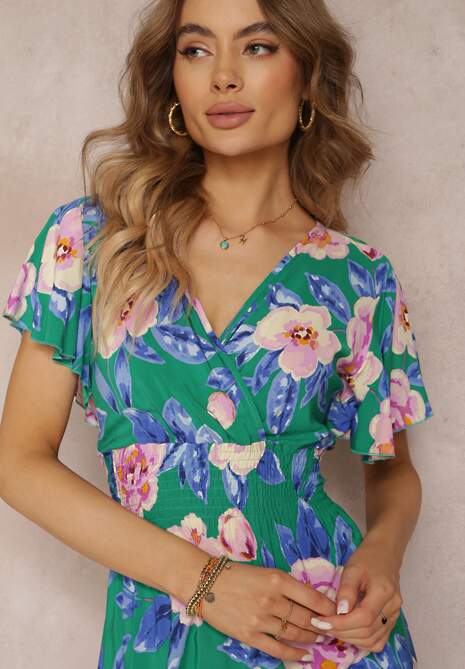 Zielona Rozkloszowana Sukienka Maxi z Gumkami w Talii i Falbankami Tayte