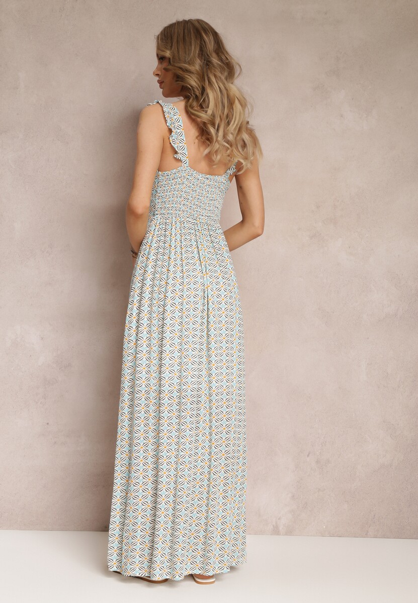 Niebiesko-Biała Rozkloszowana Sukienka Maxi z Ozdobnymi Ramiączkami i Głębokim Dekoltem z Wiskozy Jesa