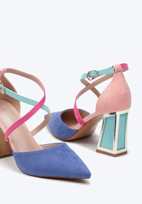 Niebieskie Czółenka na Obcasie w Kształcie Stożka z Metalowym Obramowaniem Haslia