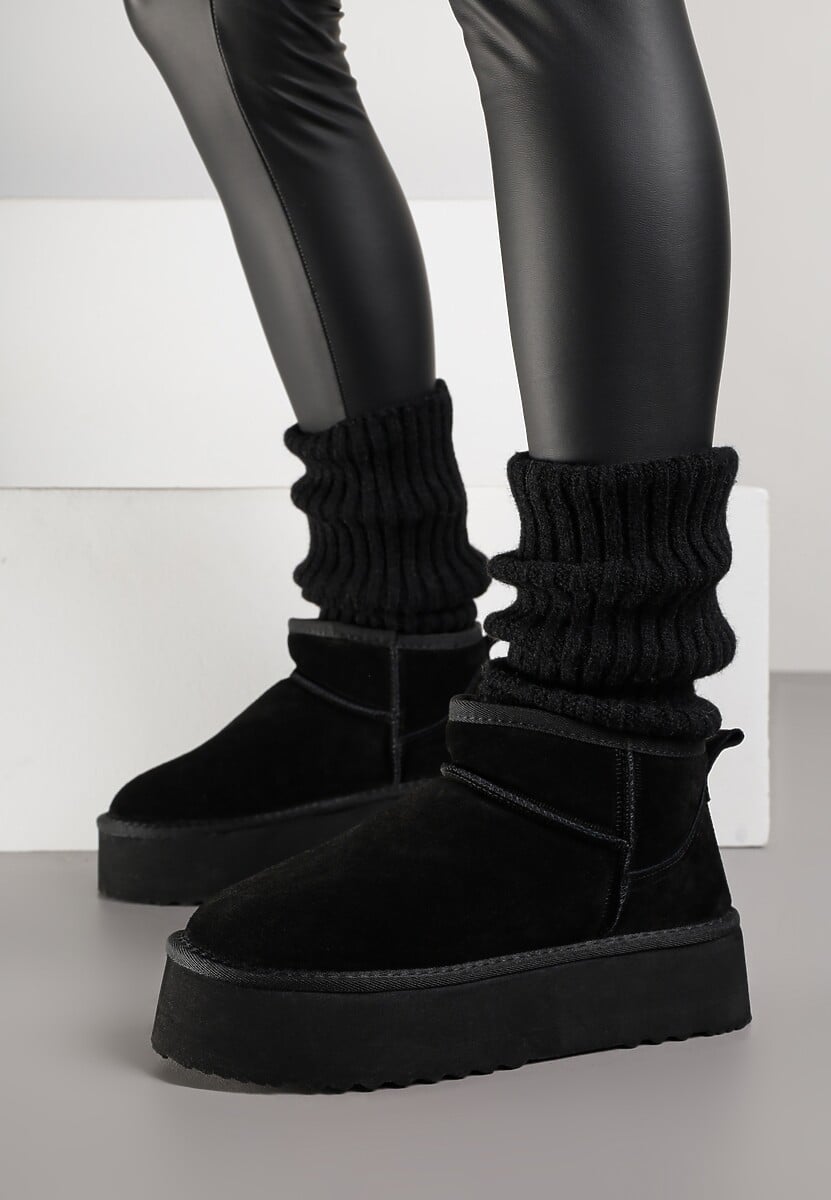 Czarne Wsuwane Śniegowce z Zamszu Naturalnego na Grubej Podeszwie Mevilira