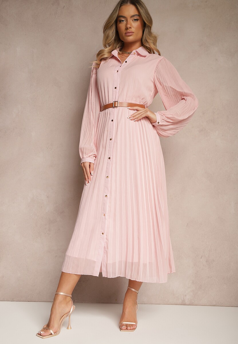 Różowa Koszulowa Sukienka z Plisami i Dodatkowym Paskiem Miarosea