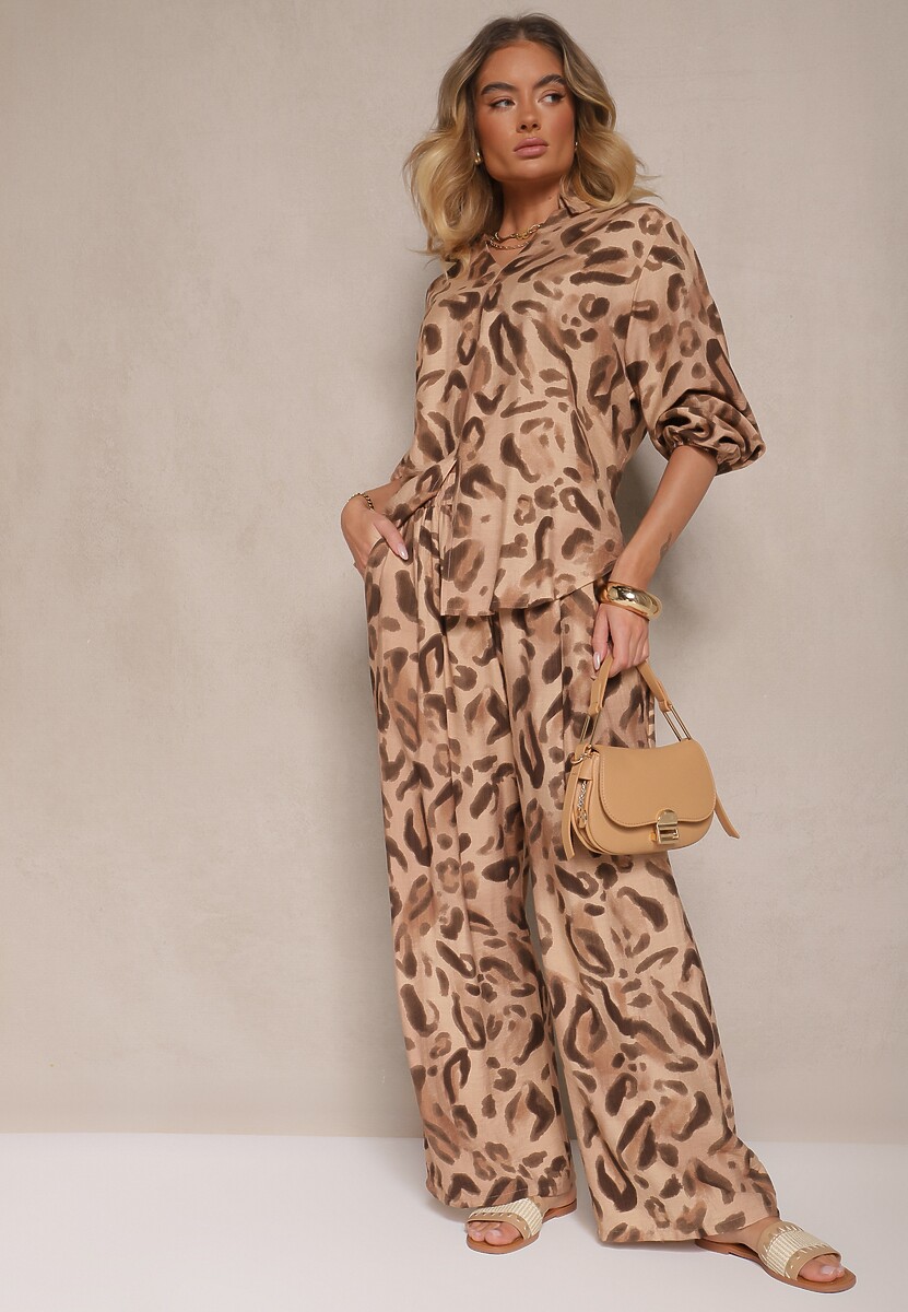 Brązowy Komplet w Panterkę z Wiskozą Szerokie Spodnie i Koszula z Dłuższym Tyłem Eviara