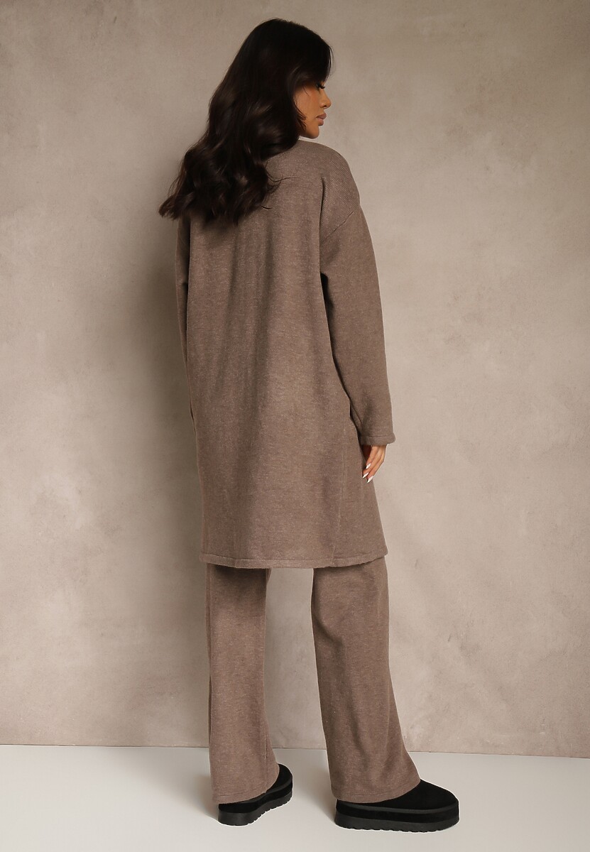 Brązowy Komplet z Dzianiny z Wełną Długi Kardigan Kamizelka i Spodnie Netivia