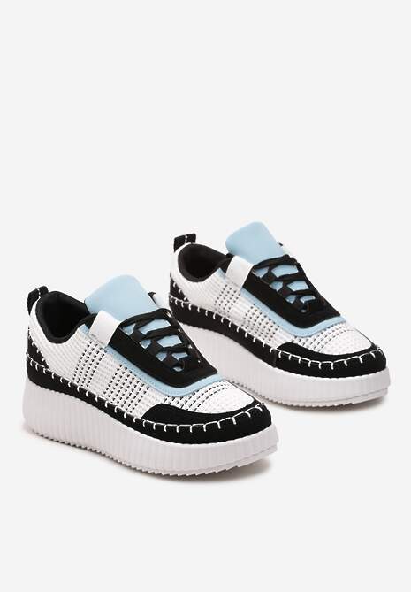 Czarne Sneakersy na Platformie Ozdobione Tweedowymi Wstawkami i Cyrkoniami Eganna