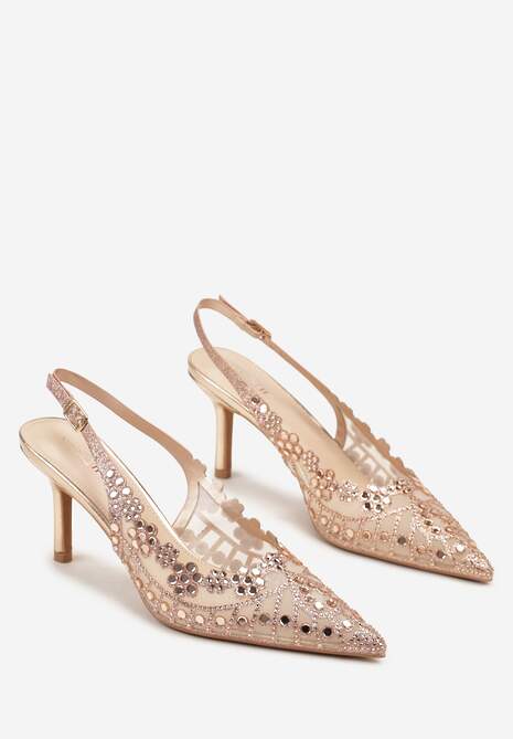 Szampańskie Sandały na Szpilce Slingback z Ażurową Cholewką Latilena