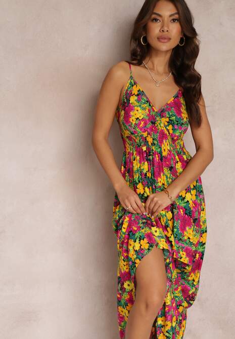 Żółto-Fuksjowa Rozkloszowana Sukienka z Wiskozy w Kwiaty Eurena