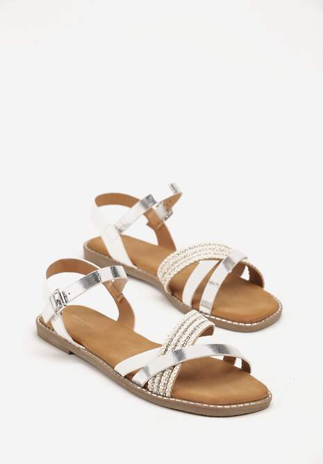 Białe Sandały z Ozdobnymi Paskami z Cyrkoniami Efrisaela