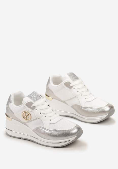 Srebrne Siateczkowe Sneakersy na Koturnie z Metalicznymi Aplikacjami i Brokatem Viean