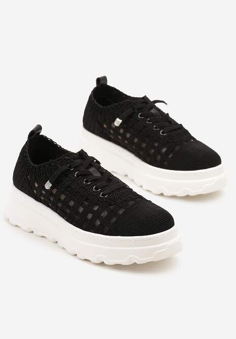 Czarne Sneakersy na Platformie z Ażurkową Cholewką Marionea