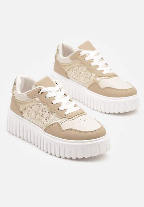 Beżowe Sneakersy na Platformie z Tłoczeniem Ozdobione Panterką i Perforacją Udivaya