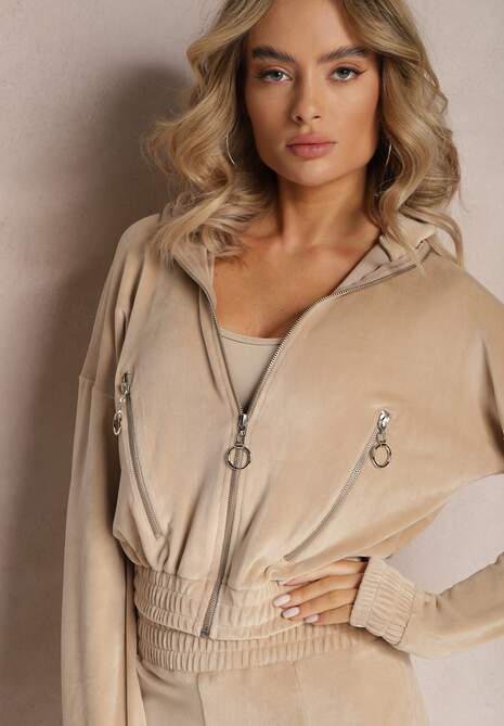 Beżowy Welurowy Komplet Dresowy z Bluzą i Spodniami Lunamea