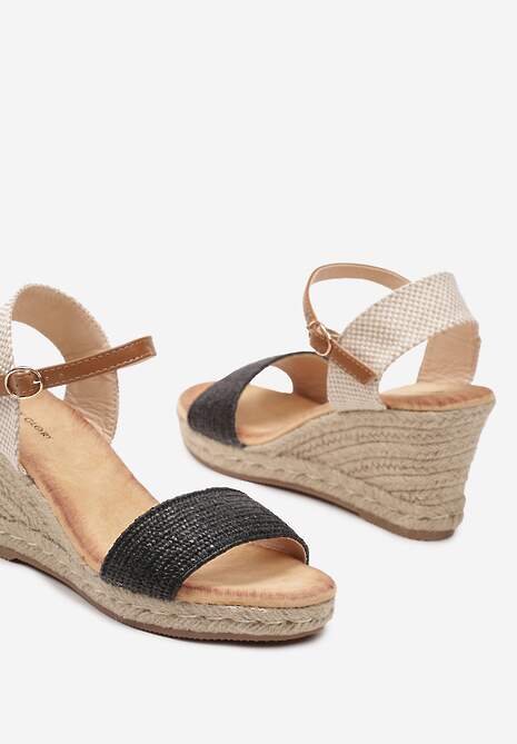 Czarne Sandały na Koturnie z Plecionką Zapinane na Sprzączkę Wokół Kostki Moannie