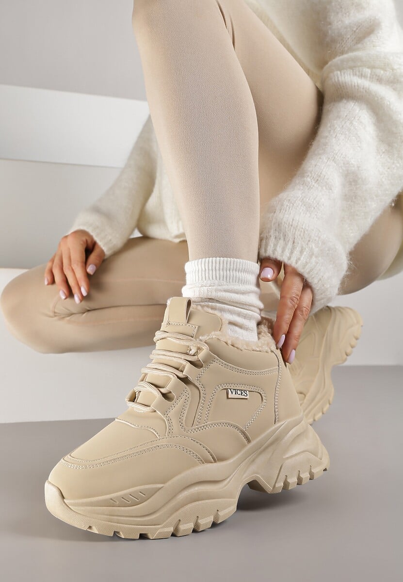 Ciemnobeżowe Streetwearowe Sneakersy Vices Chunky w Stylu Traperów na Platformie Leate